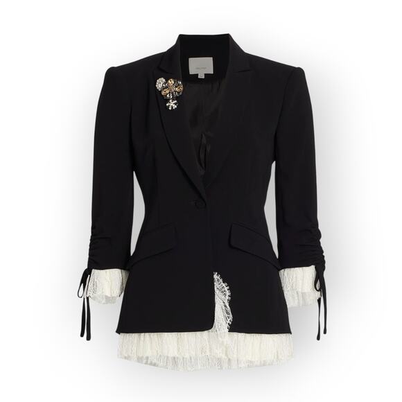 Sz12 NEW CinqASept Roxie Blazer Silk LaceTrim Crepe Brooch Tailored 3/4Sleeve - Picture 2 of 16